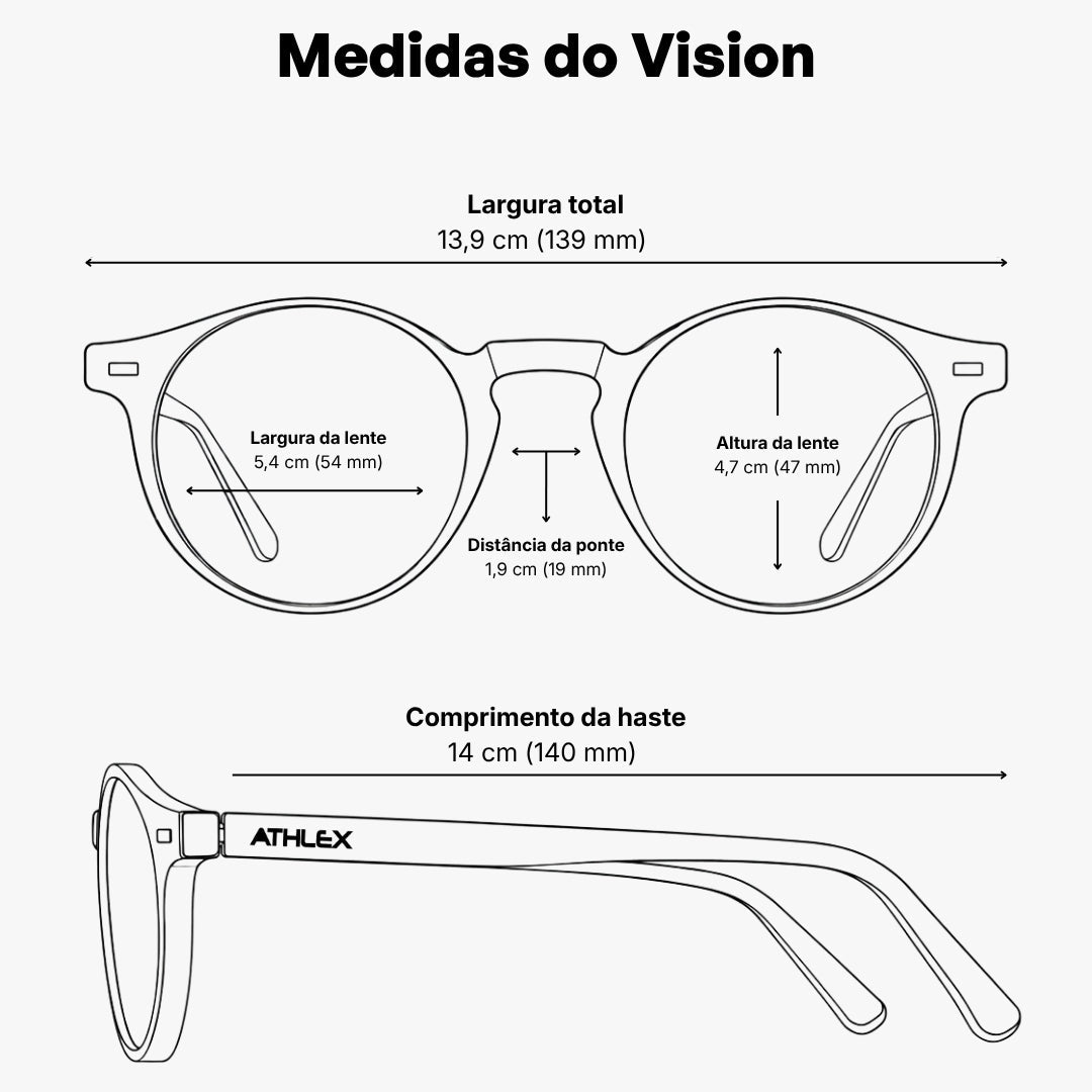 Diagrama técnico com medidas detalhadas da armação Athlex Vision, incluindo largura, altura e comprimento das hastes.